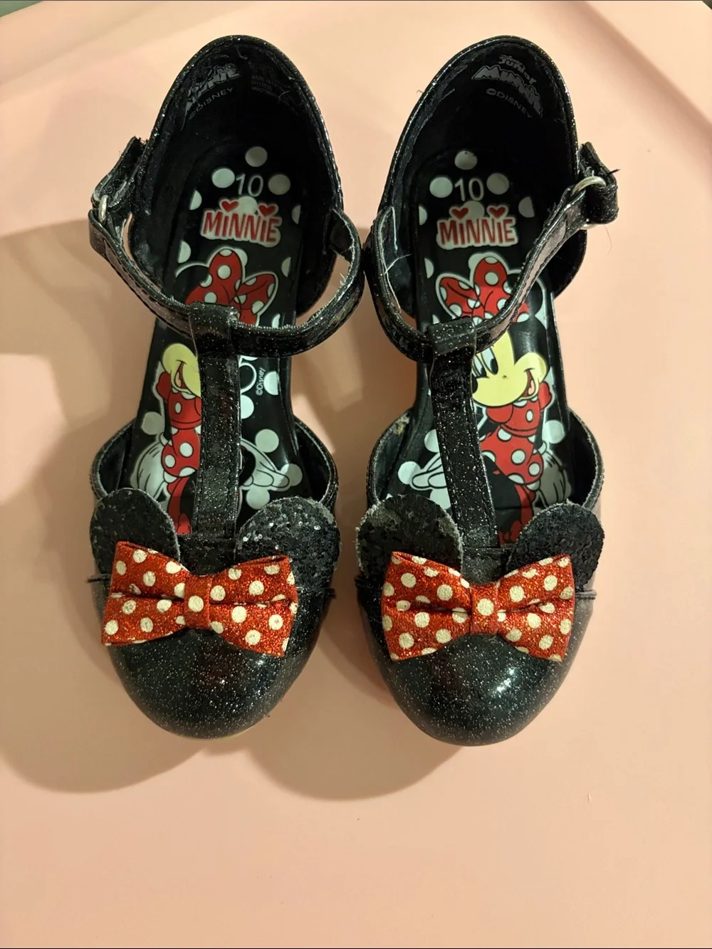 Disney Minnie Mouse Black Glitter T‑Strap Dress Shoes with Red Polka Dot Bows-10